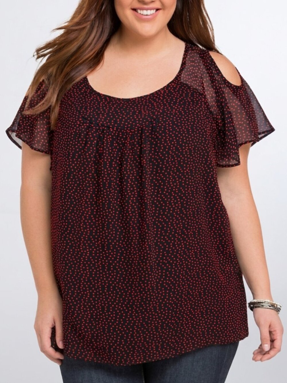 TORRID 1 Plus Size Polka Dot Print Cold Shoulder Top Black Red Short Sleeve Fall